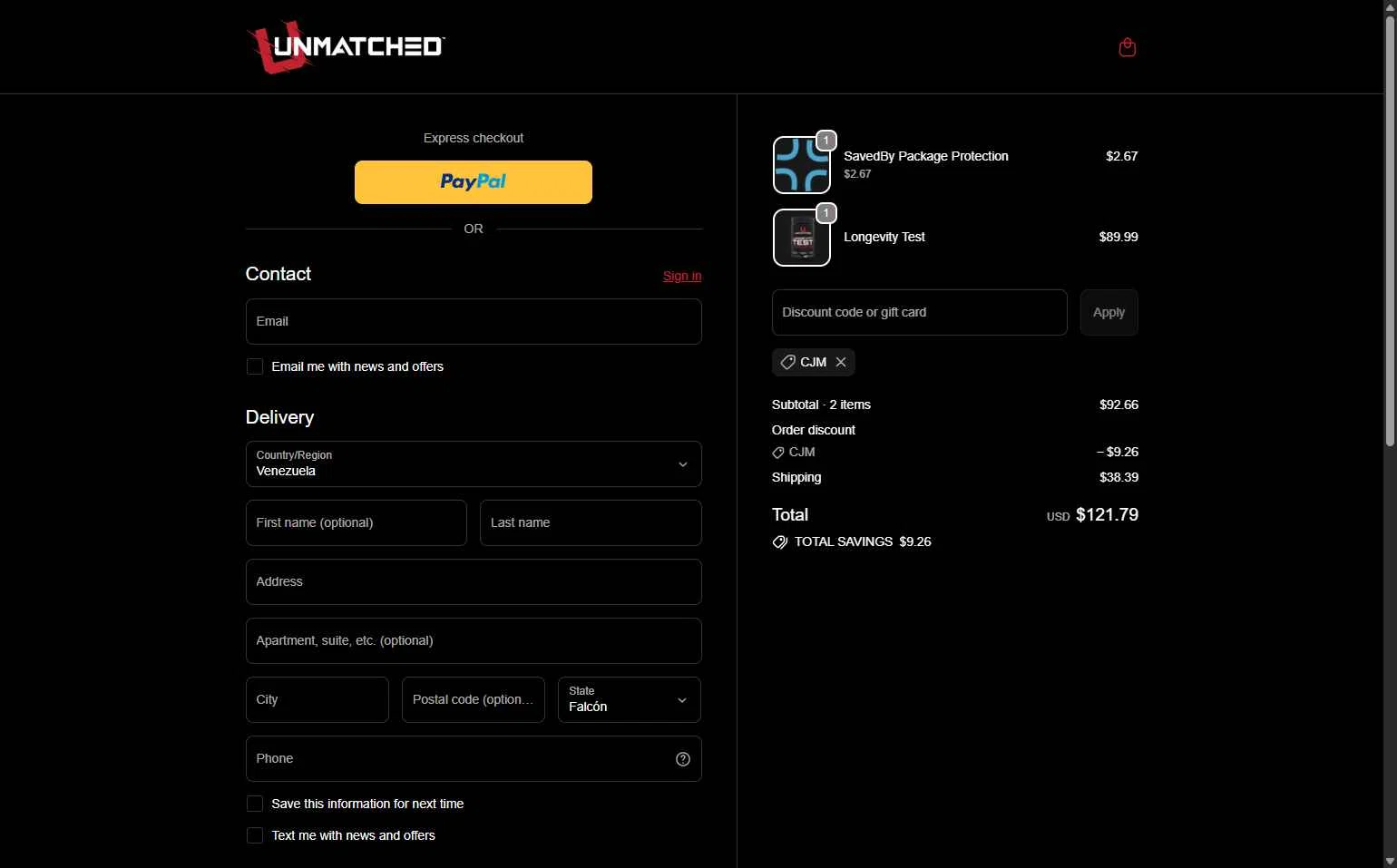 Unmatched Supps checkout page showing Unmatched Supps promo code box | Screenshot taken by SimplyCodes community member on Feb 11, 2026