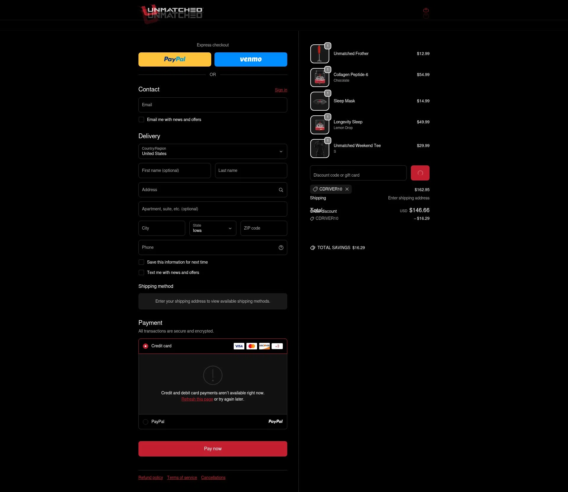 Unmatched Supps checkout page showing Unmatched Supps promo code box | Screenshot taken by SimplyCodes community member on Feb 11, 2026
