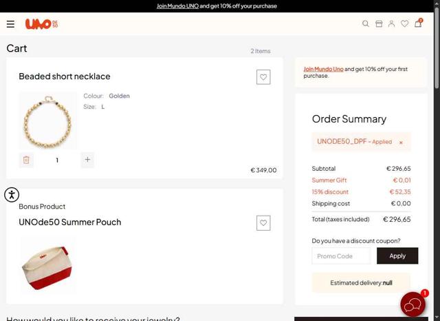 UNOde50 checkout page showing UNOde50 promo code box | Screenshot taken by SimplyCodes community member on Aug 21, 2025