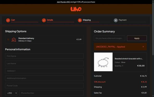 UNOde50 checkout page showing UNOde50 promo code box | Screenshot taken by SimplyCodes community member on Aug 14, 2025