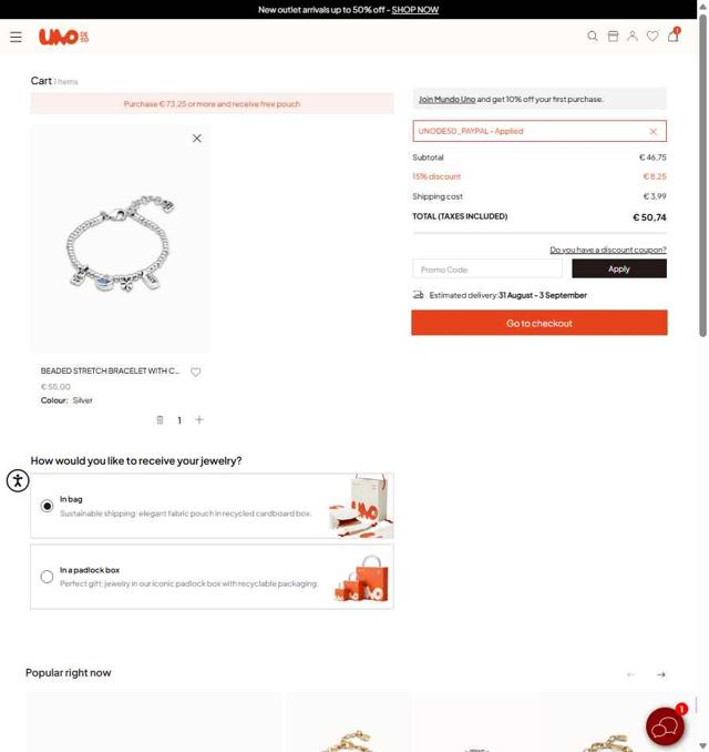 UNOde50 checkout page showing UNOde50 promo code box | Screenshot taken by SimplyCodes community member on Aug 28, 2025