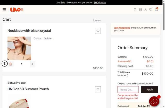 UNOde50 checkout page showing UNOde50 promo code box | Screenshot taken by SimplyCodes community member on Jul 23, 2025