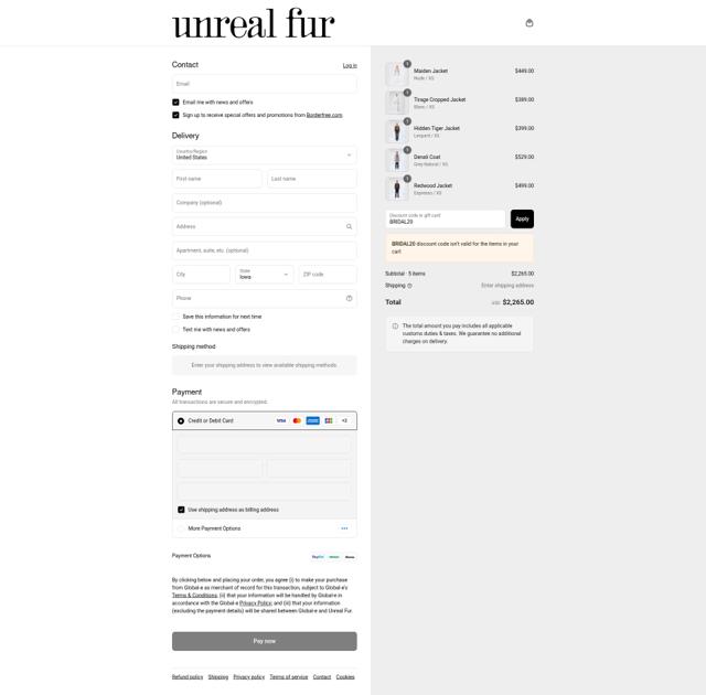 Unreal Fur checkout page showing Unreal Fur discount code box | Screenshot taken by SimplyCodes community member on Sep 4, 2025