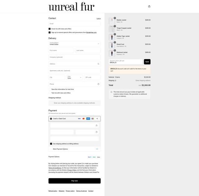 Unreal Fur checkout page showing Unreal Fur discount code box | Screenshot taken by SimplyCodes community member on Sep 8, 2025