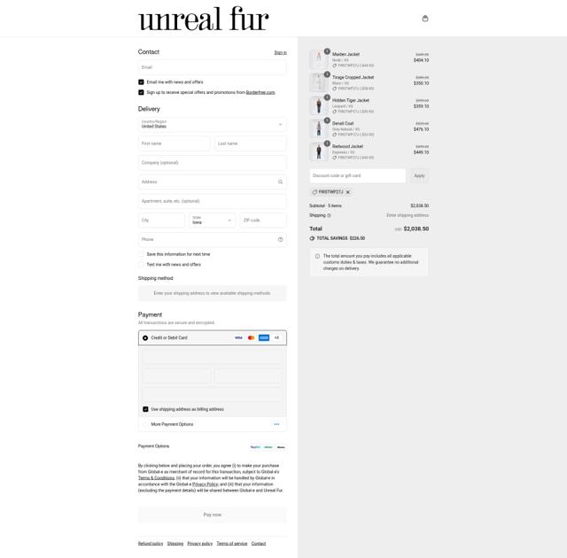 Unreal Fur checkout page showing Unreal Fur discount code box | Screenshot taken by SimplyCodes community member on Sep 12, 2025