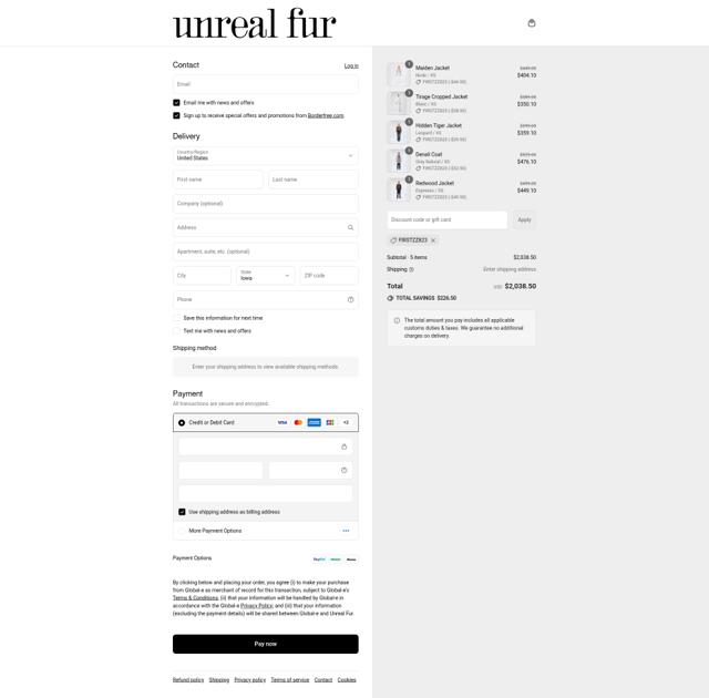 Unreal Fur checkout page showing Unreal Fur discount code box | Screenshot taken by SimplyCodes community member on Sep 4, 2025