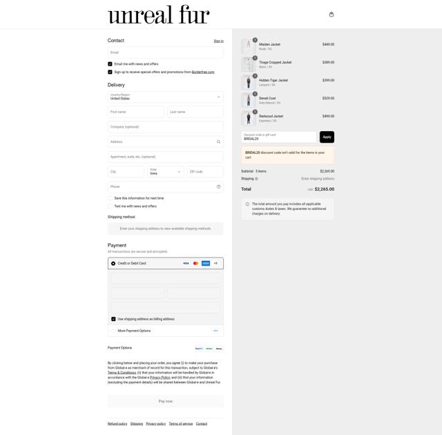 Unreal Fur checkout page showing Unreal Fur discount code box | Screenshot taken by SimplyCodes community member on Sep 12, 2025