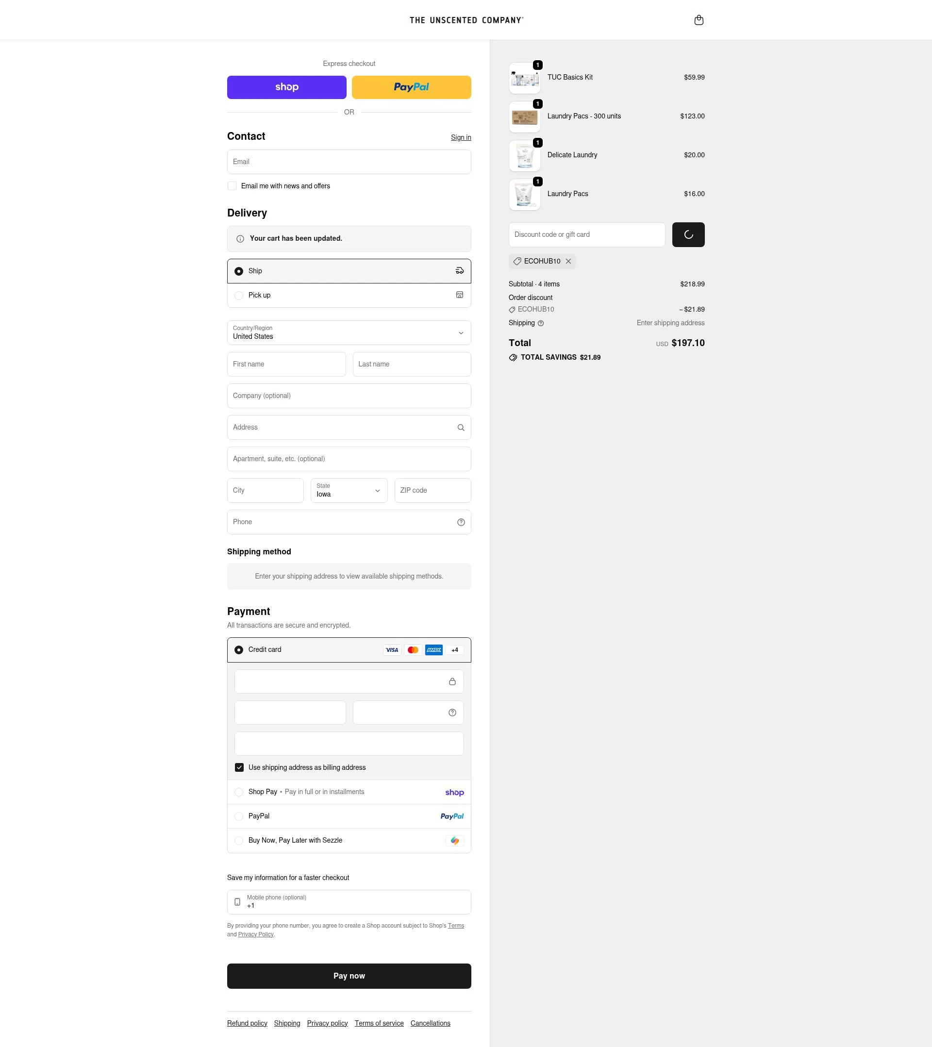 Unscented checkout page showing Unscented promo code box | Screenshot taken by SimplyCodes community member on Feb 26, 2026