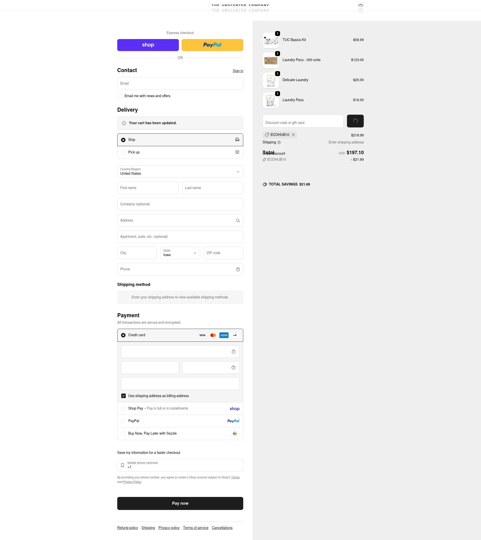 Unscented checkout page showing Unscented promo code box | Screenshot taken by SimplyCodes community member on Feb 12, 2026