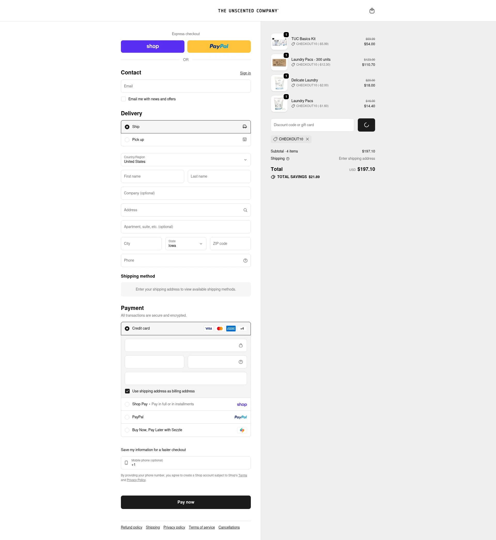 Unscented checkout page showing Unscented promo code box | Screenshot taken by SimplyCodes community member on Feb 17, 2026