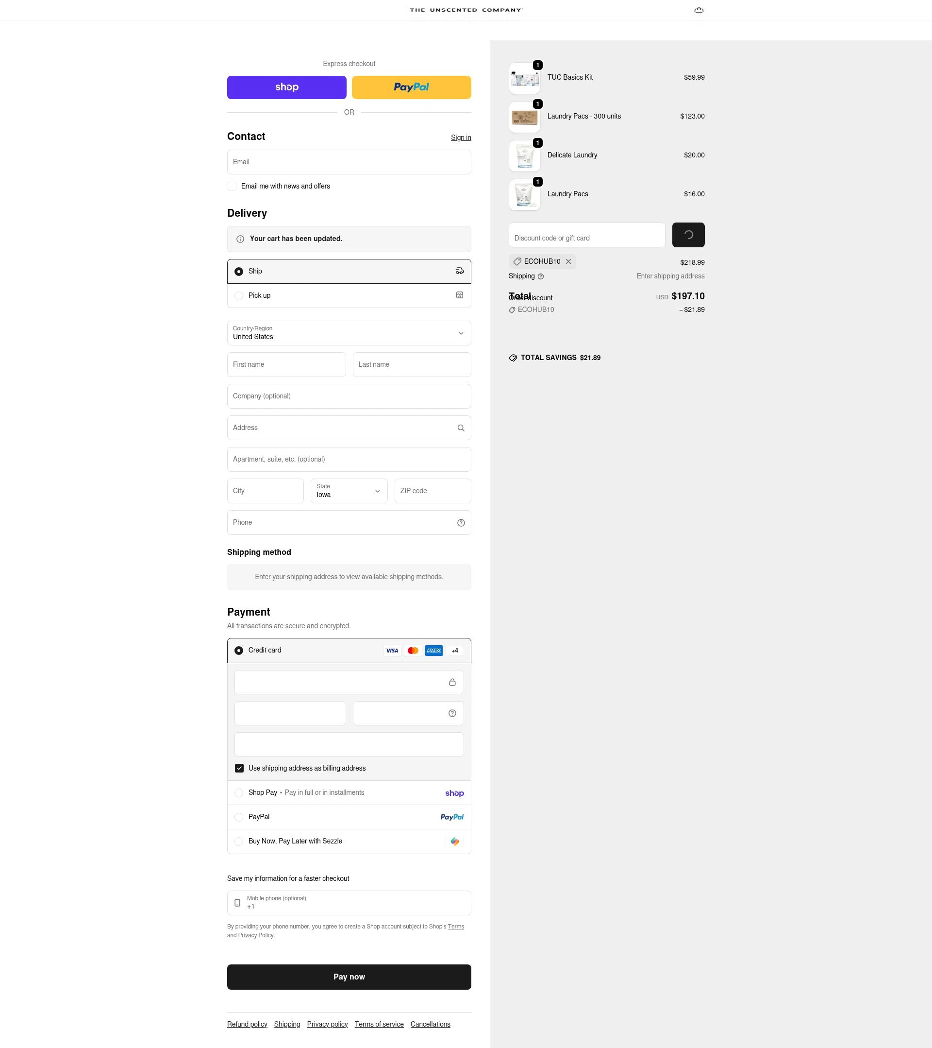 Unscented checkout page showing Unscented promo code box | Screenshot taken by SimplyCodes community member on Feb 17, 2026