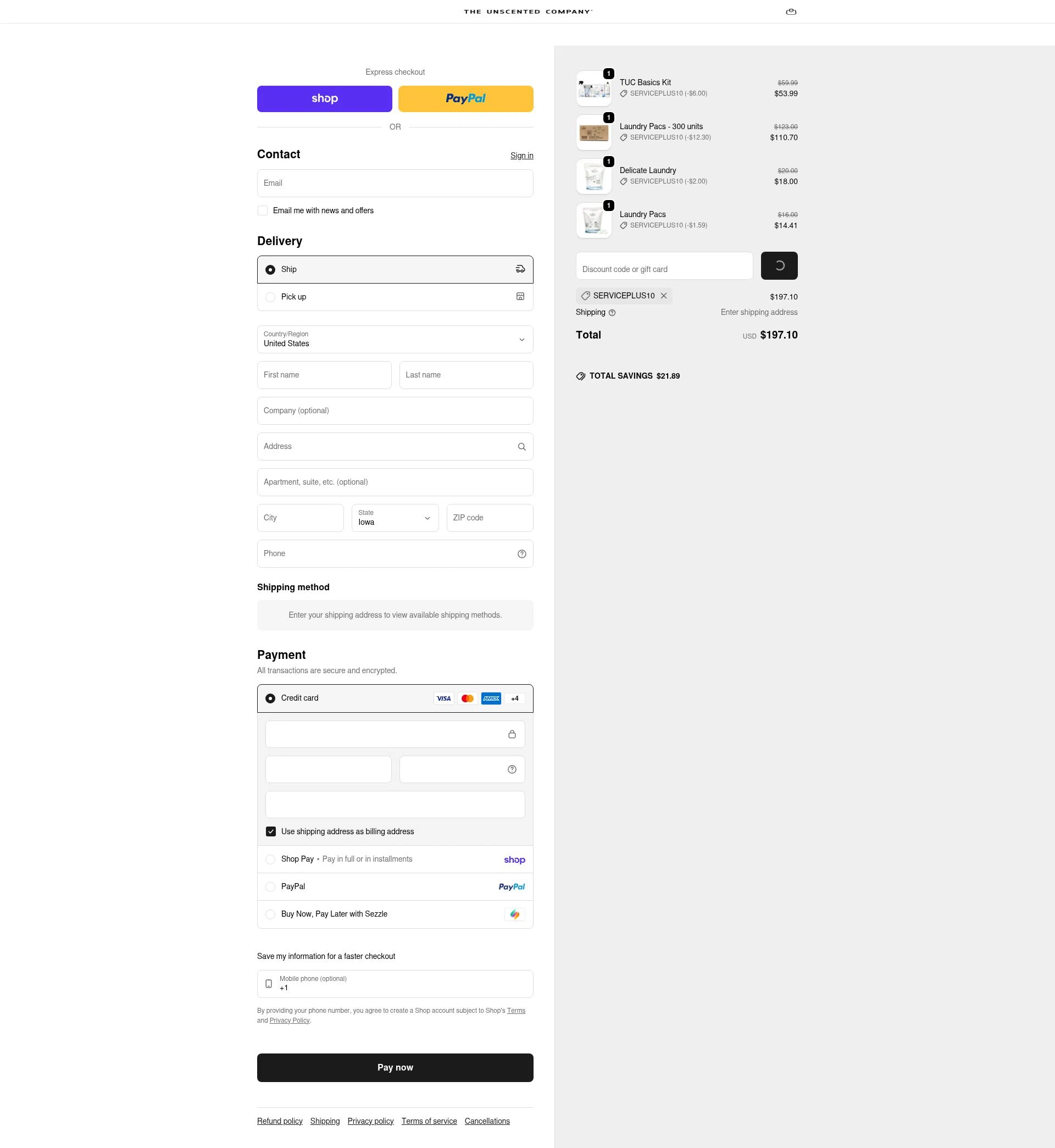 Unscented checkout page showing Unscented promo code box | Screenshot taken by SimplyCodes community member on Feb 21, 2026