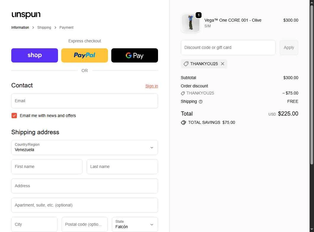 Unspun checkout page showing Unspun promo code box | Screenshot taken by SimplyCodes community member on Dec 14, 2025