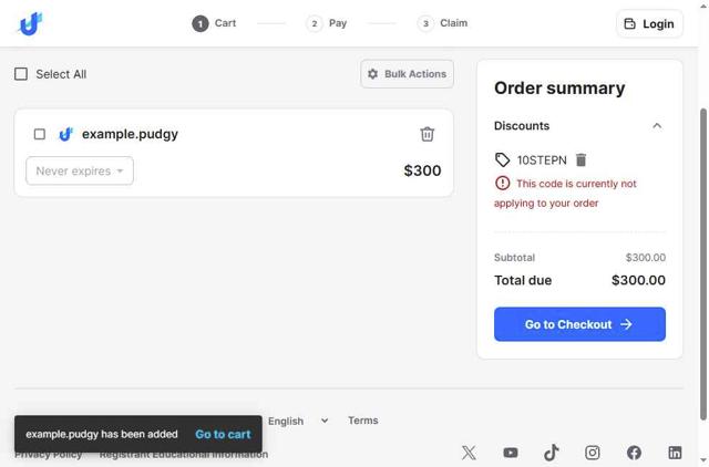Unstoppable Domains checkout page showing Unstoppable Domains promo code box | Screenshot taken by SimplyCodes community member on Aug 11, 2025