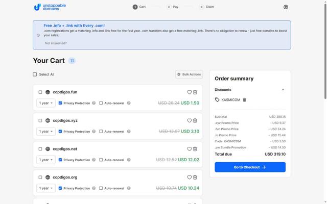 Unstoppable Domains checkout page showing Unstoppable Domains promo code box | Screenshot taken by SimplyCodes community member on Sep 9, 2025