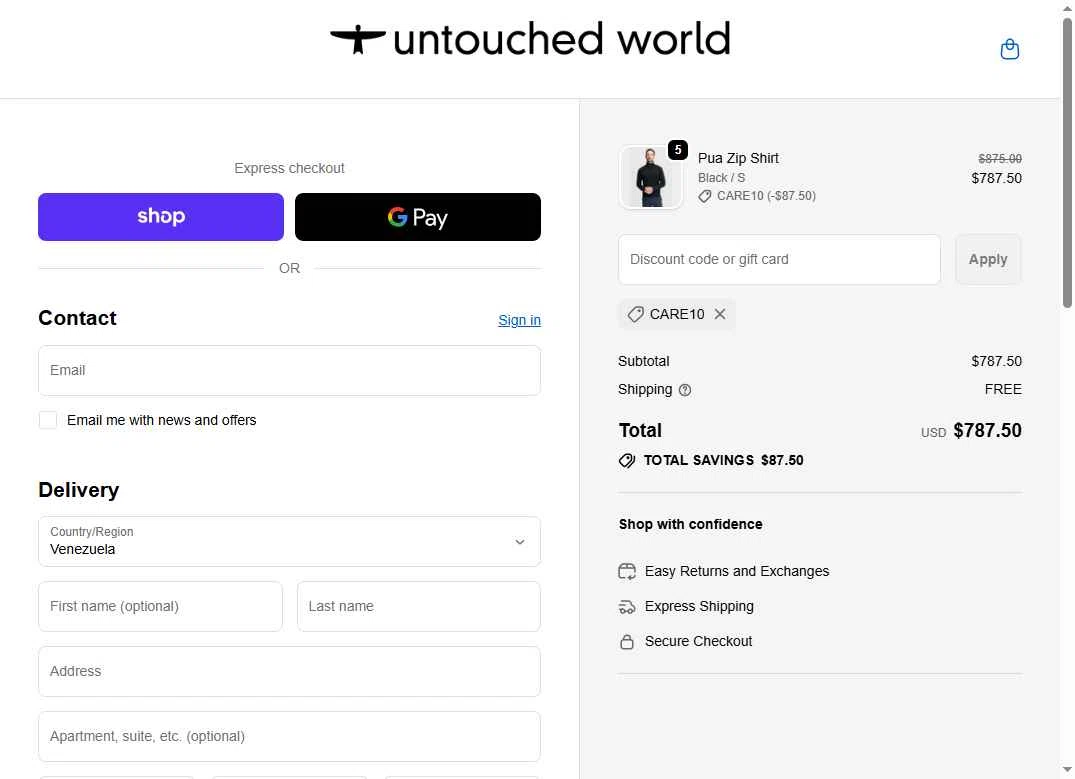 Untouched World checkout page showing Untouched World promo code box | Screenshot taken by SimplyCodes community member on Dec 2, 2025