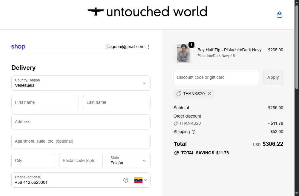 Untouched World checkout page showing Untouched World promo code box | Screenshot taken by SimplyCodes community member on Jan 13, 2026