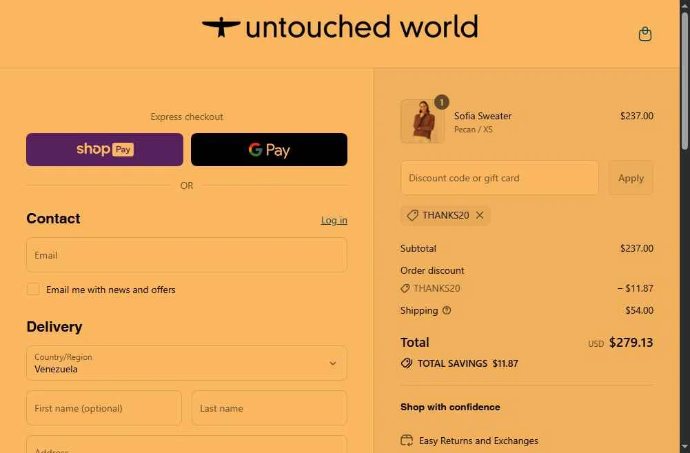 Untouched World checkout page showing Untouched World promo code box | Screenshot taken by SimplyCodes community member on Aug 21, 2025