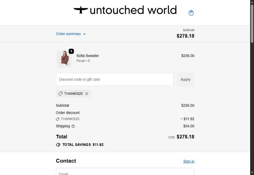 Untouched World checkout page showing Untouched World promo code box | Screenshot taken by SimplyCodes community member on Dec 15, 2025