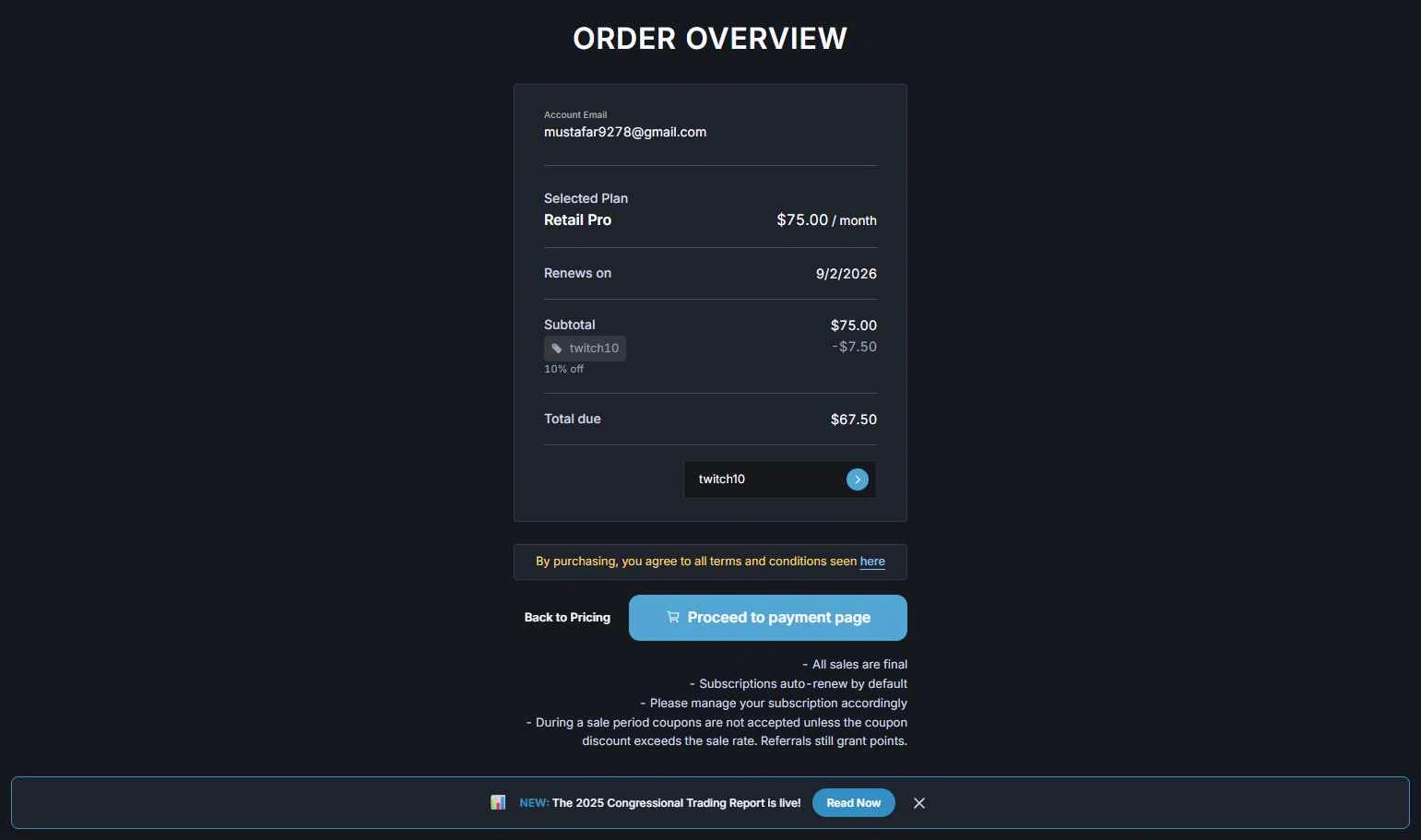 Unusual Whales checkout page showing Unusual Whales discount code box | Screenshot taken by SimplyCodes community member on Jan 9, 2026