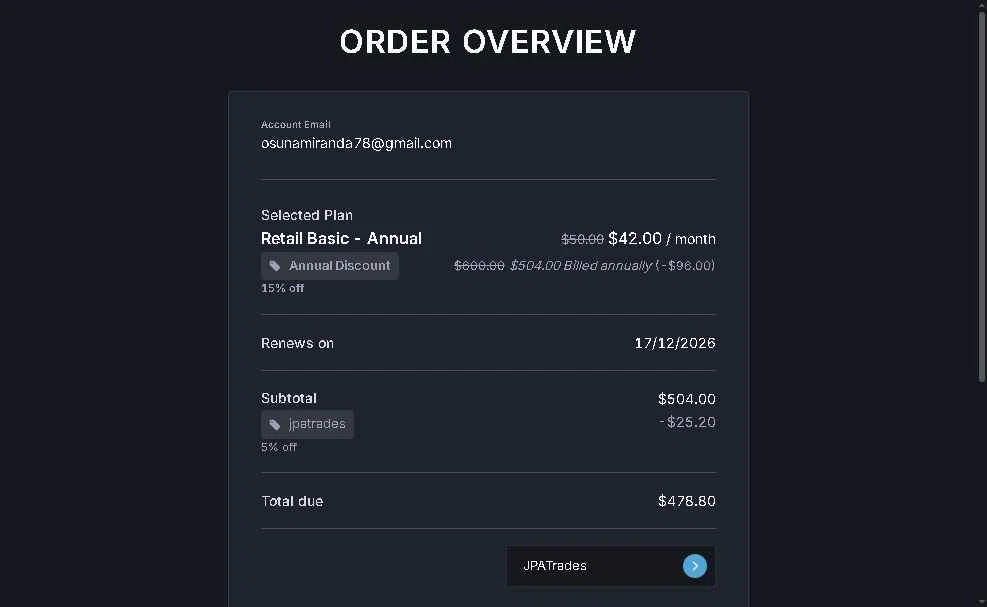 Unusual Whales checkout page showing Unusual Whales discount code box | Screenshot taken by SimplyCodes community member on Dec 17, 2025