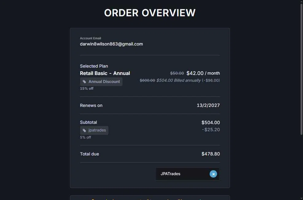 Unusual Whales checkout page showing Unusual Whales discount code box | Screenshot taken by SimplyCodes community member on Feb 13, 2026