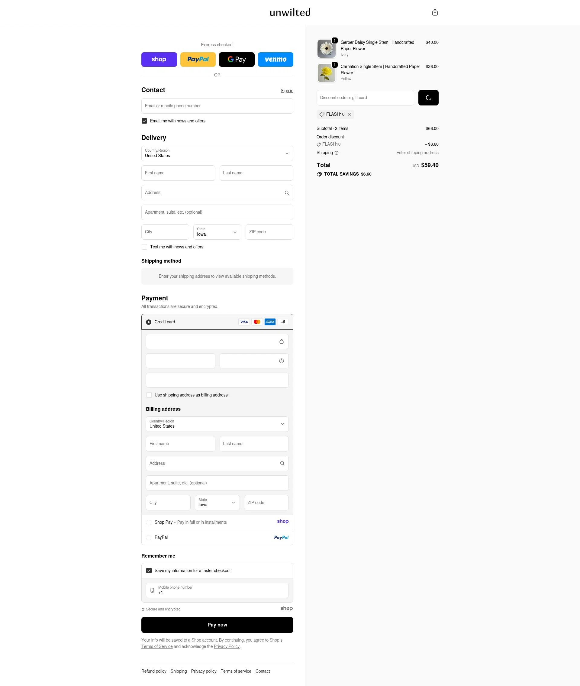 Unwilted checkout page showing Unwilted promo code box | Screenshot taken by SimplyCodes community member on Dec 30, 2025