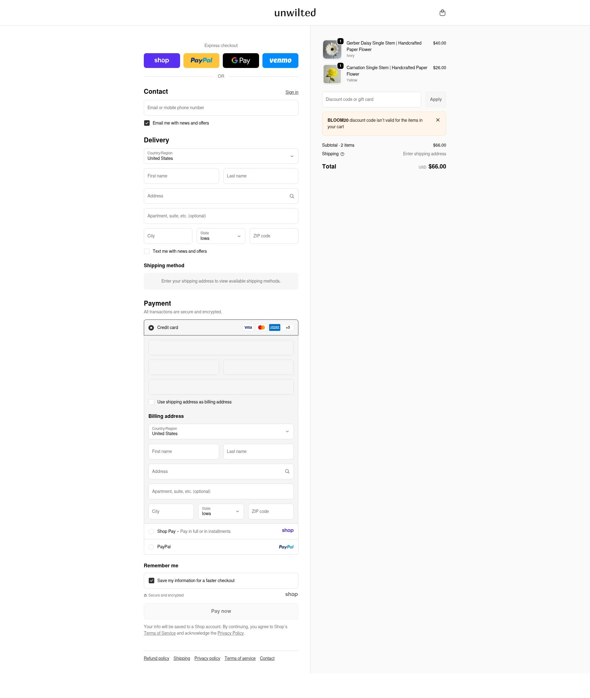 Unwilted checkout page showing Unwilted promo code box | Screenshot taken by SimplyCodes community member on Jan 4, 2026