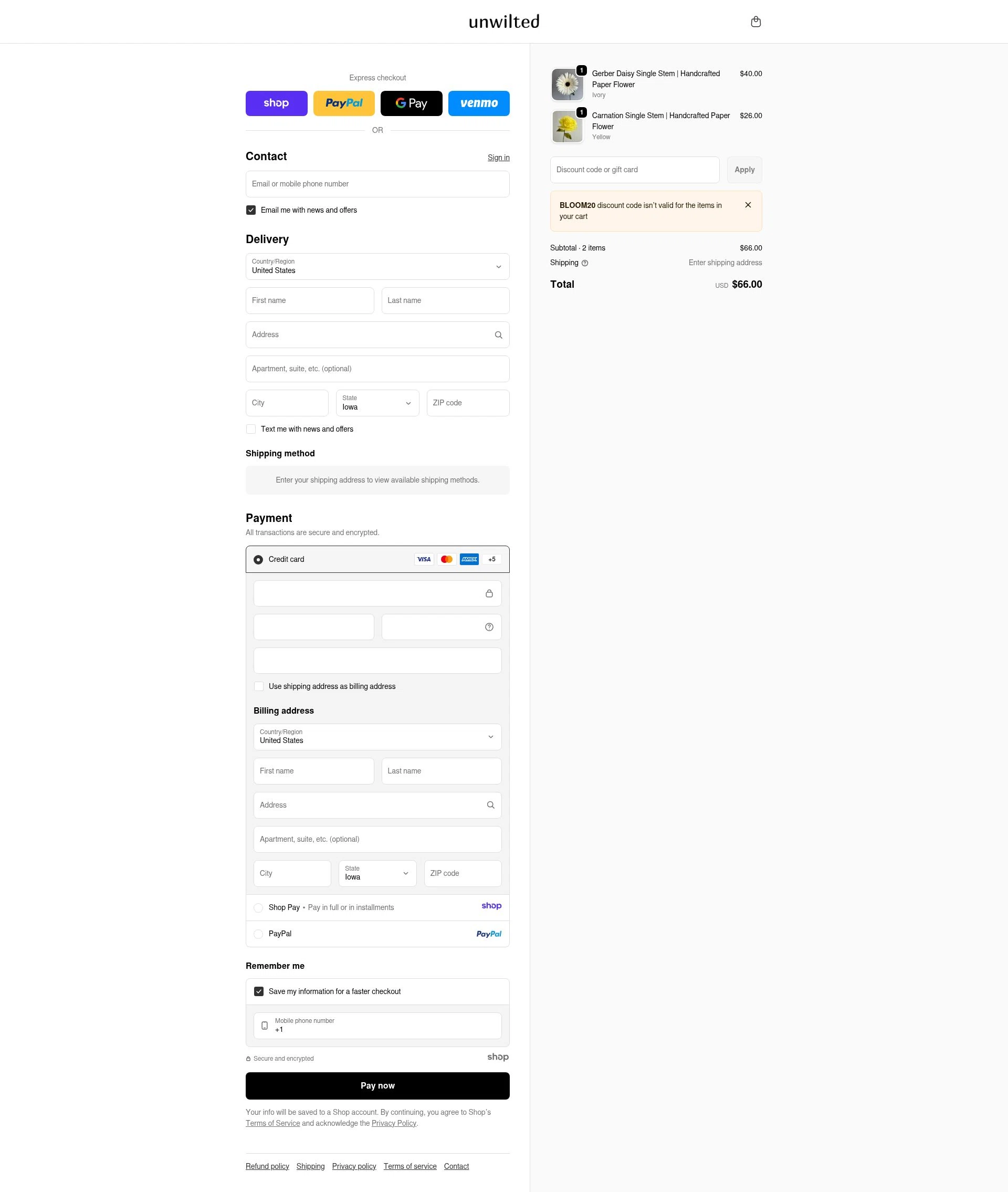 Unwilted checkout page showing Unwilted promo code box | Screenshot taken by SimplyCodes community member on Dec 30, 2025