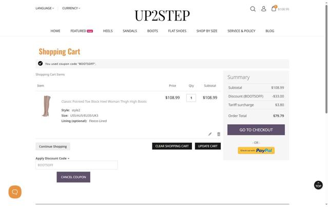 Up2step checkout page showing Up2step discount code box | Screenshot taken by SimplyCodes community member on Jun 6, 2025