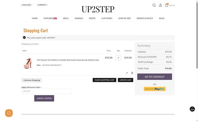 Up2step checkout page showing Up2step discount code box | Screenshot taken by SimplyCodes community member on Jun 7, 2025
