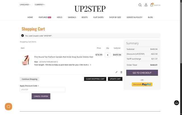 Up2step checkout page showing Up2step discount code box | Screenshot taken by SimplyCodes community member on May 21, 2025