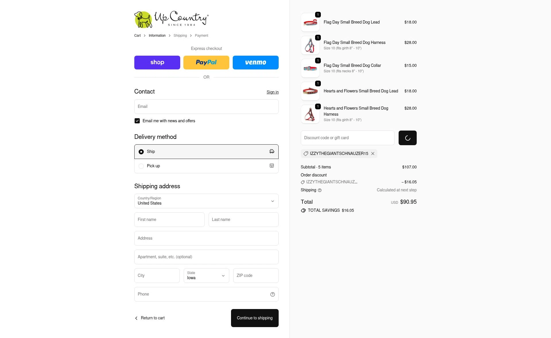 Up Country checkout page showing Up Country promo code box | Screenshot taken by SimplyCodes community member on Feb 5, 2026