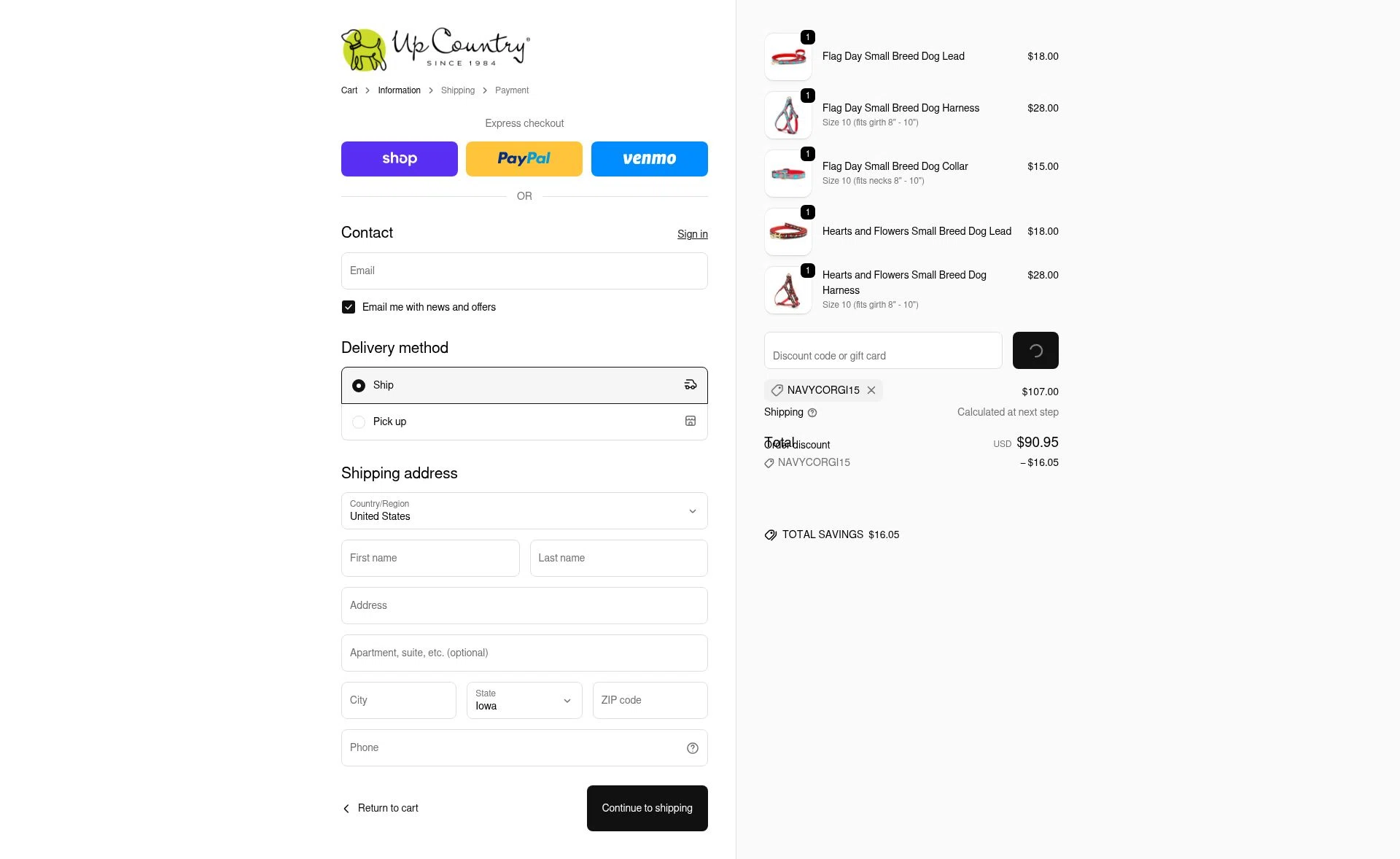 Up Country checkout page showing Up Country promo code box | Screenshot taken by SimplyCodes community member on Feb 1, 2026