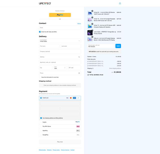 UPERFECT checkout page showing UPERFECT discount code box | Screenshot taken by SimplyCodes community member on Sep 14, 2025