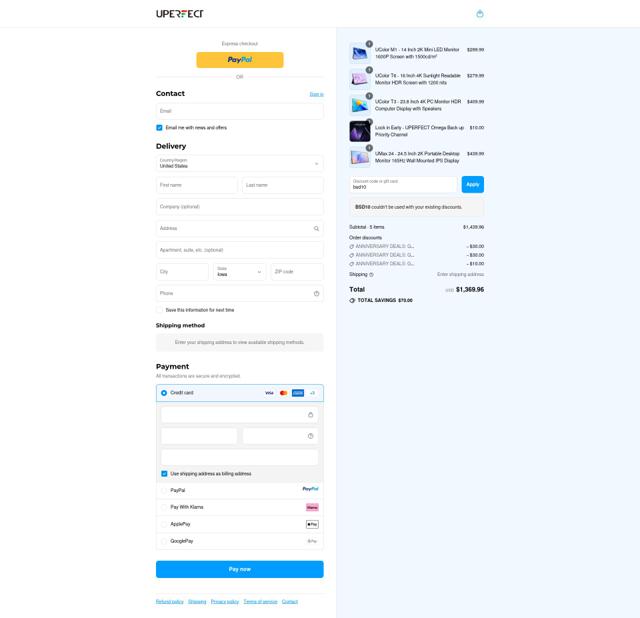 UPERFECT checkout page showing UPERFECT discount code box | Screenshot taken by SimplyCodes community member on Sep 14, 2025