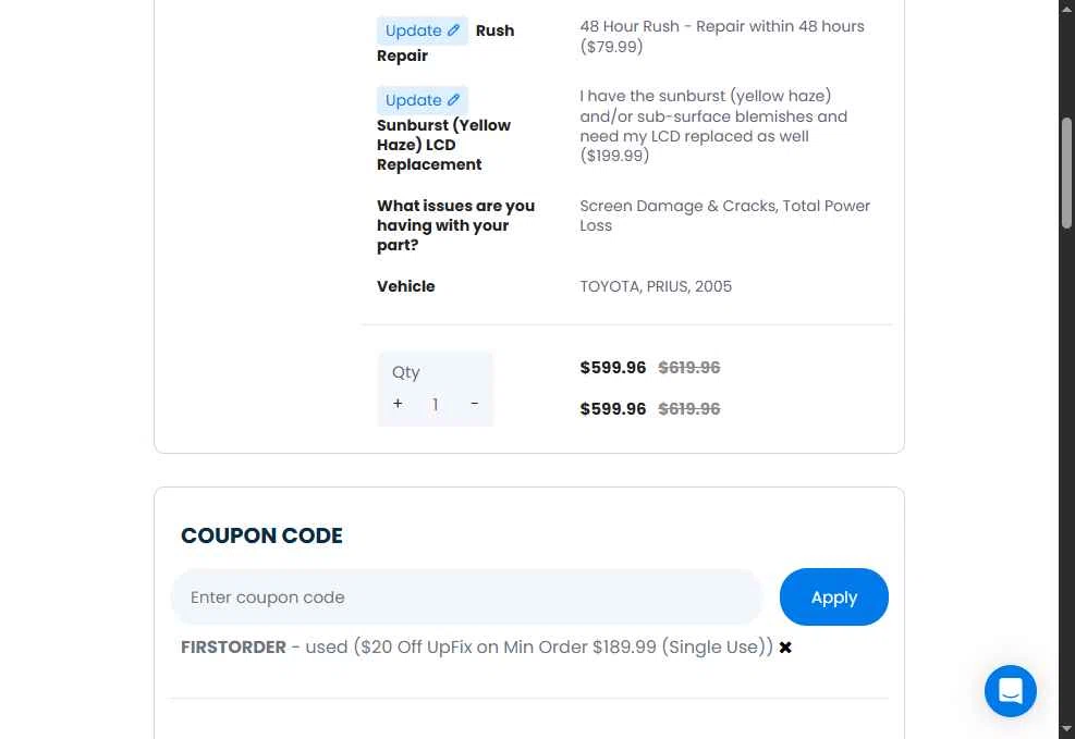 UpFix checkout page showing UpFix coupon code box | Screenshot taken by SimplyCodes community member on May 28, 2025