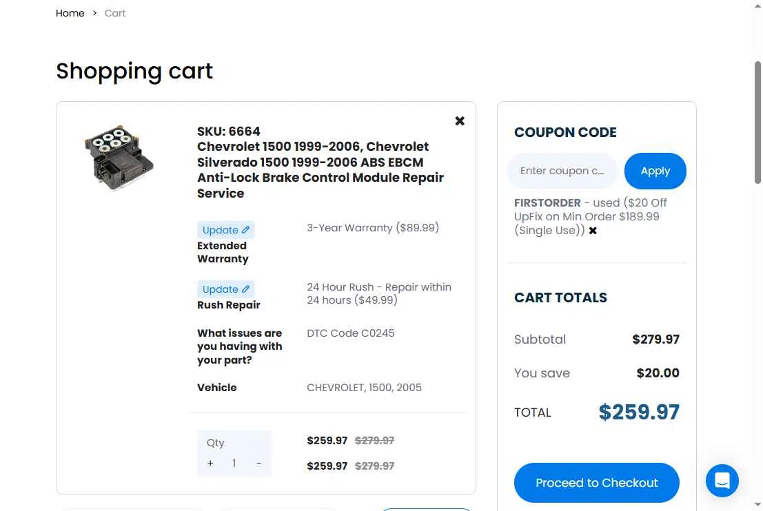 UpFix checkout page showing UpFix coupon code box | Screenshot taken by SimplyCodes community member on May 28, 2025