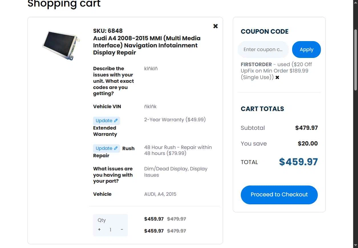 UpFix checkout page showing UpFix coupon code box | Screenshot taken by SimplyCodes community member on Jan 12, 2026