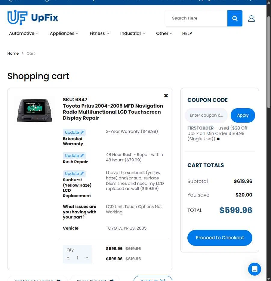 UpFix checkout page showing UpFix coupon code box | Screenshot taken by SimplyCodes community member on May 28, 2025