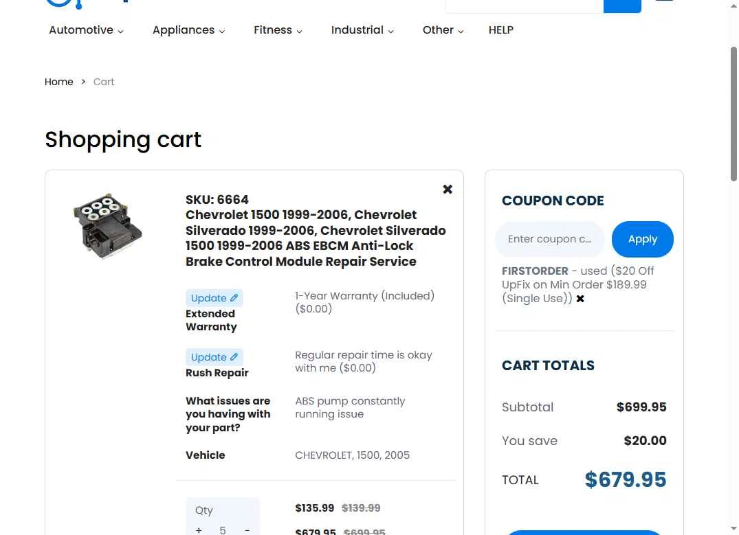 UpFix checkout page showing UpFix coupon code box | Screenshot taken by SimplyCodes community member on Apr 29, 2025