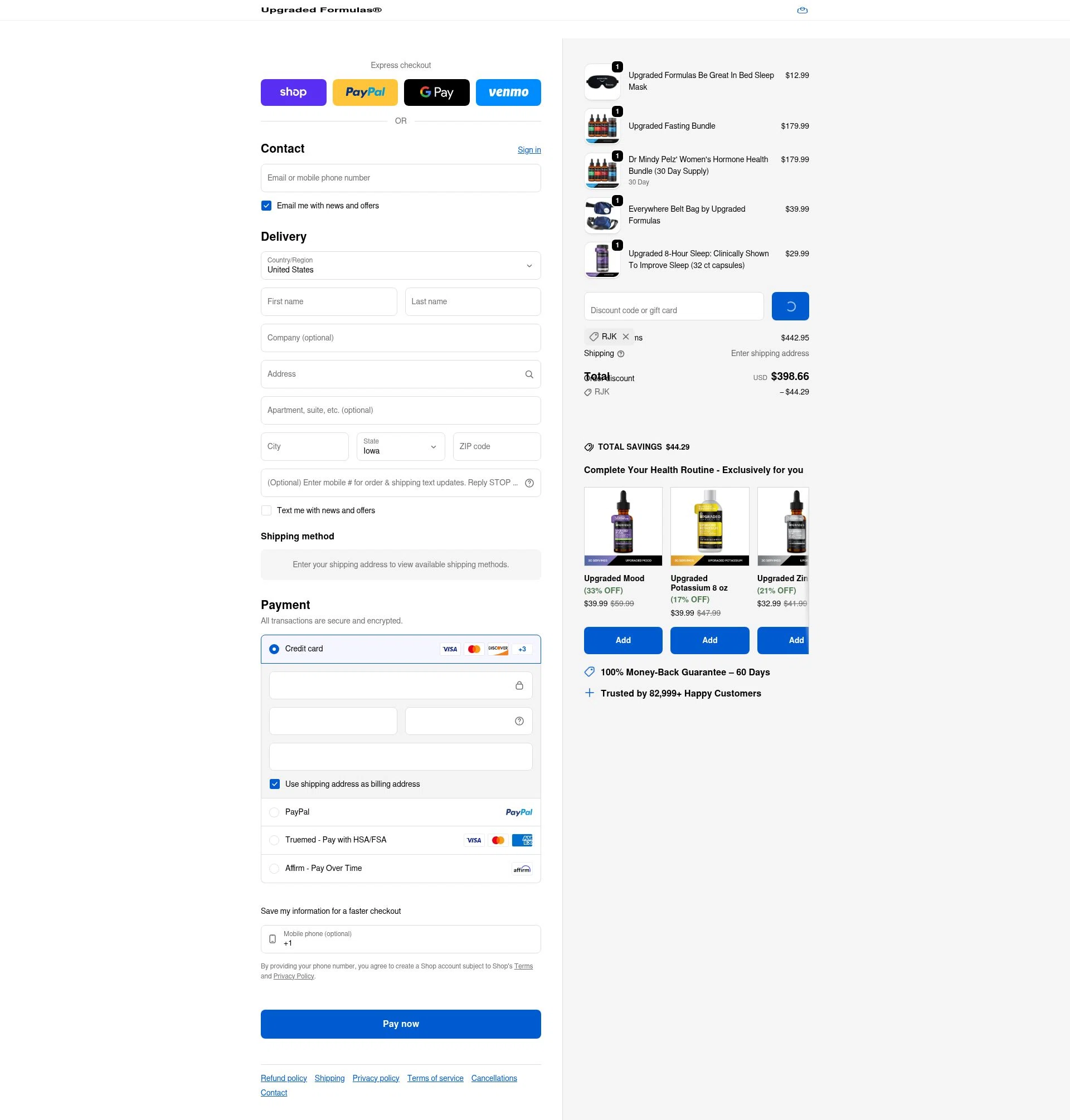 Upgraded Formulas checkout page showing Upgraded Formulas discount code box | Screenshot taken by SimplyCodes community member on Feb 9, 2026