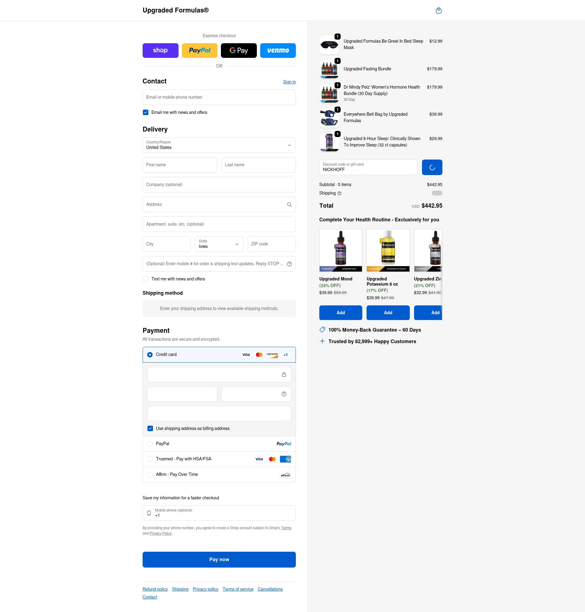 Upgraded Formulas checkout page showing Upgraded Formulas discount code box | Screenshot taken by SimplyCodes community member on Feb 9, 2026