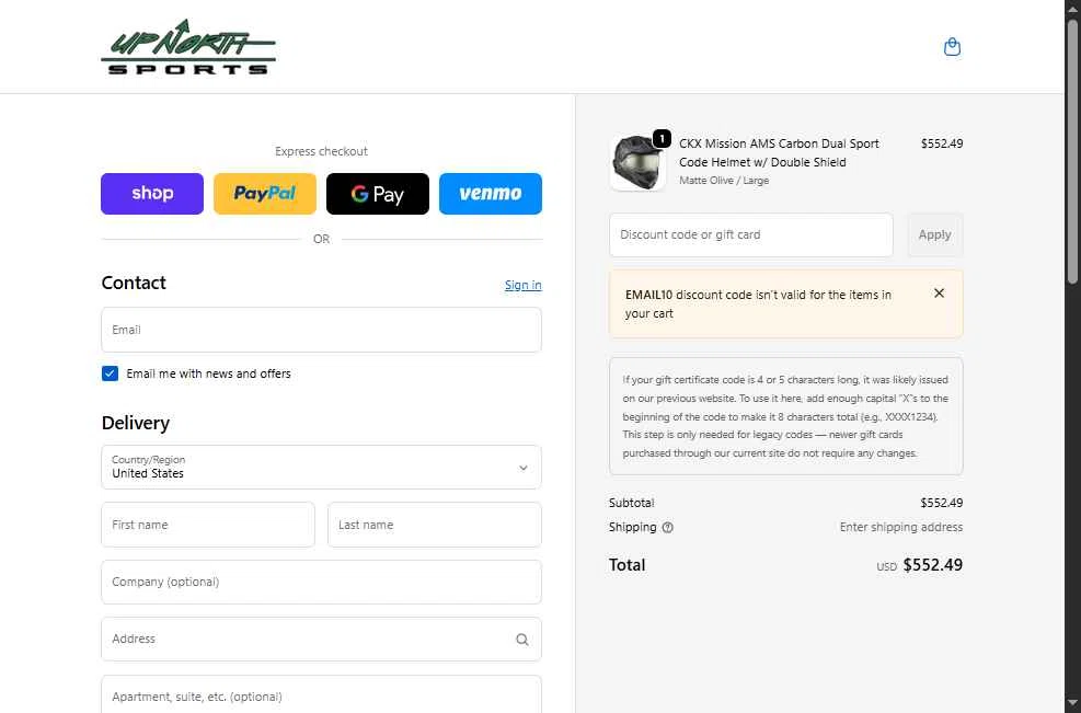 Up North Sports checkout page showing Up North Sports promo code box | Screenshot taken by SimplyCodes community member on Dec 31, 2025