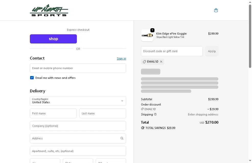 Up North Sports checkout page showing Up North Sports promo code box | Screenshot taken by SimplyCodes community member on Nov 2, 2025