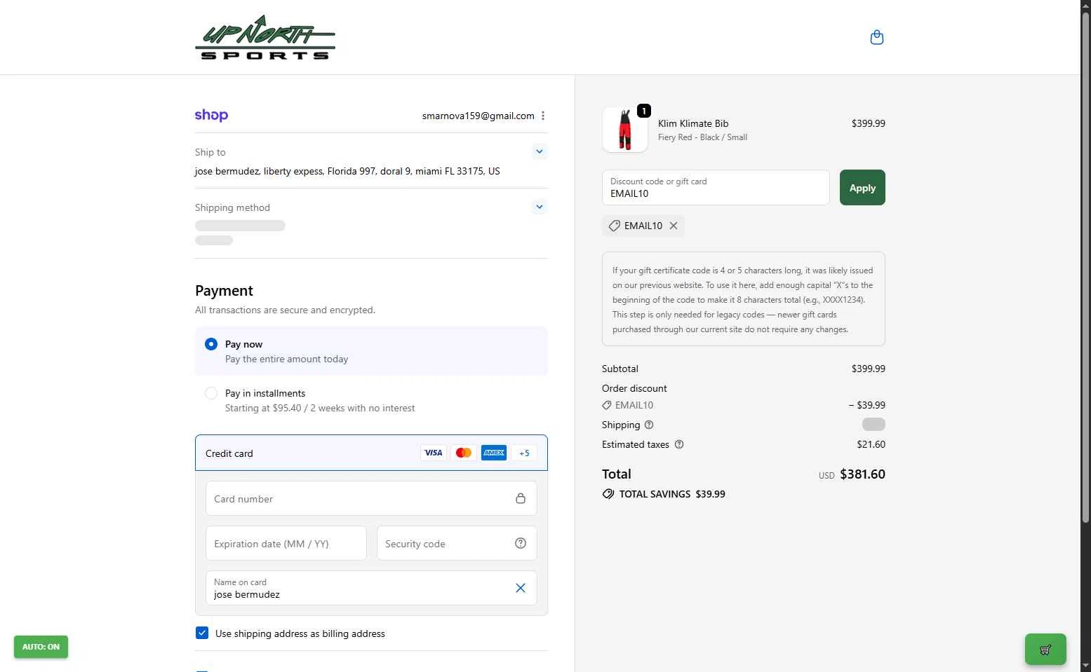 Up North Sports checkout page showing Up North Sports promo code box | Screenshot taken by SimplyCodes community member on Oct 4, 2025
