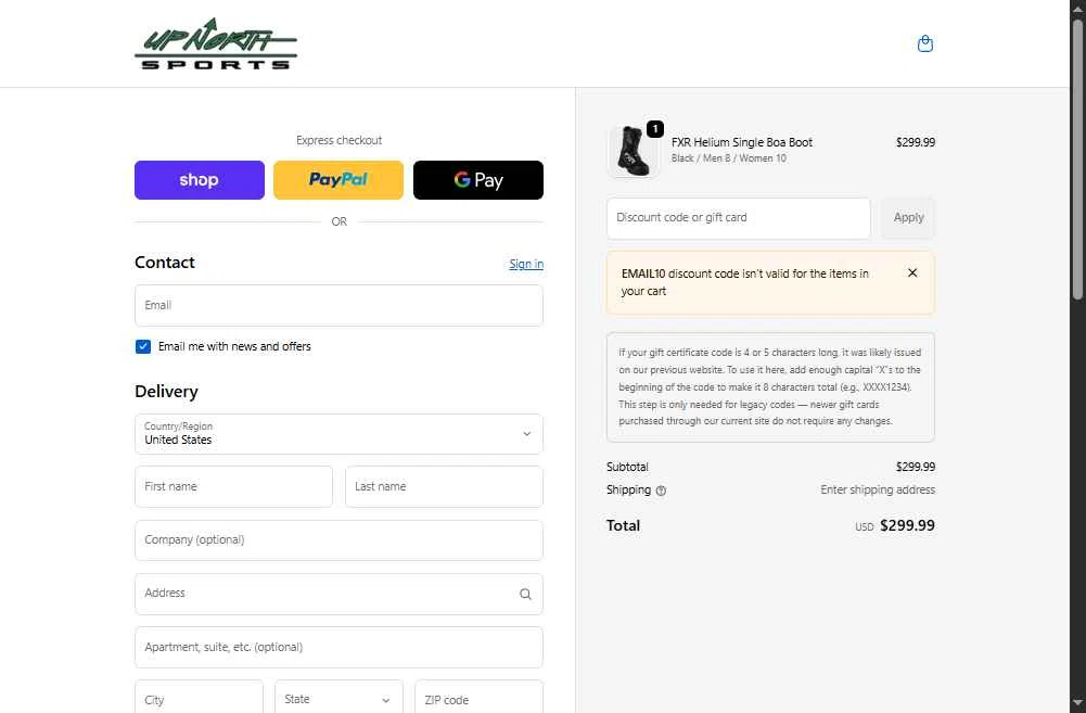 Up North Sports checkout page showing Up North Sports promo code box | Screenshot taken by SimplyCodes community member on Jan 27, 2026