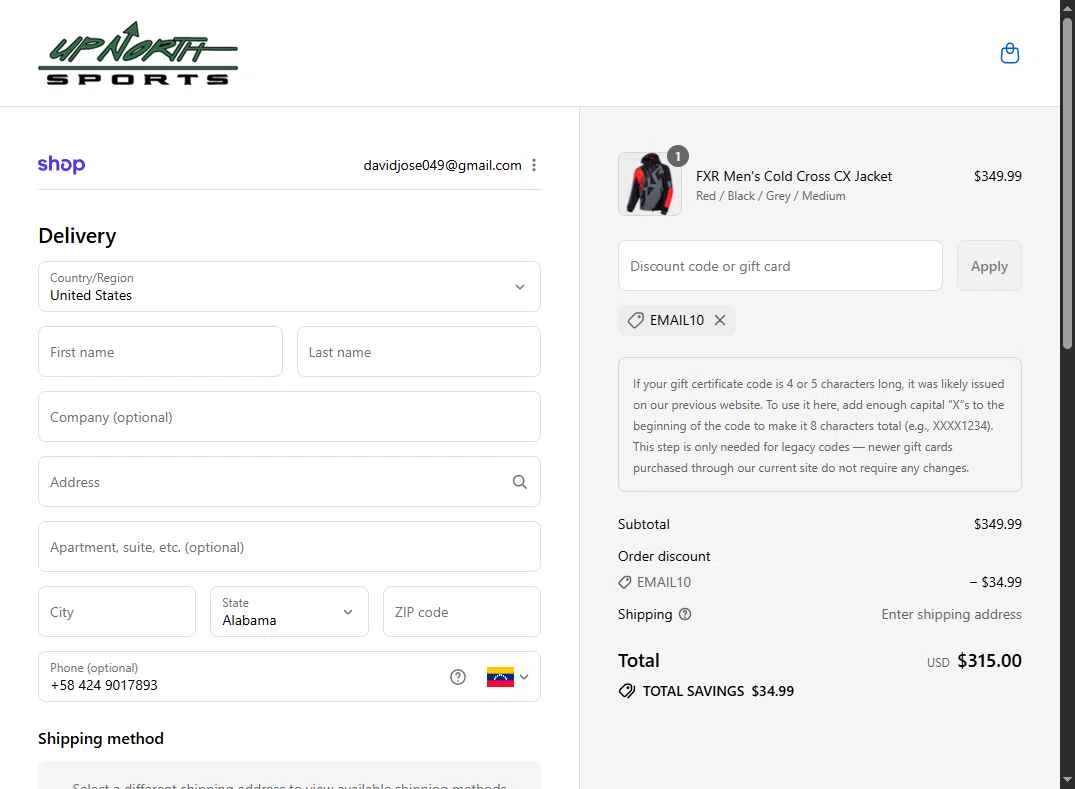 Up North Sports checkout page showing Up North Sports promo code box | Screenshot taken by SimplyCodes community member on Sep 5, 2025