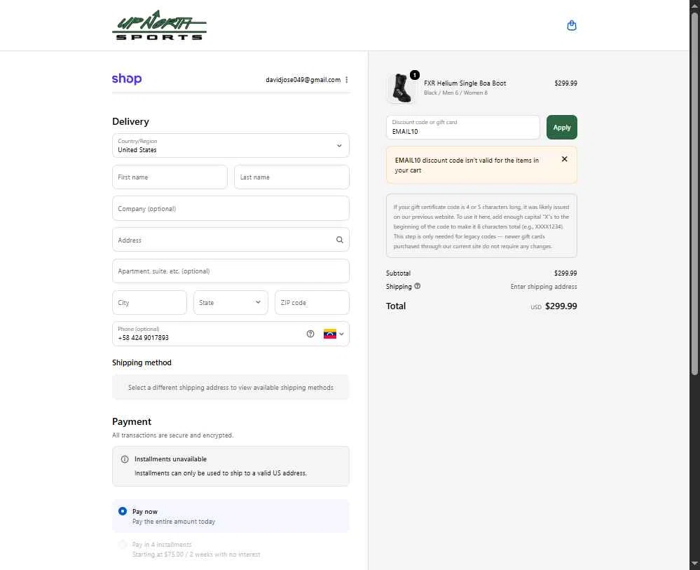 Up North Sports checkout page showing Up North Sports promo code box | Screenshot taken by SimplyCodes community member on Dec 2, 2025