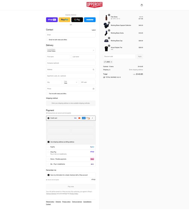 Uppercut Deluxe checkout page showing Uppercut Deluxe promo code box | Screenshot taken by SimplyCodes community member on Aug 22, 2025